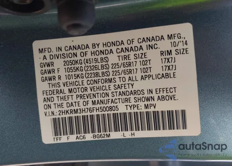 2015 Honda Cr-V Ex-L from USA, damaged, VIN 2HKRM3H76FH500805